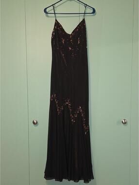 Vintage Y2k Xscape Joanna Chen Black Sequin Overlay Brown Slip Evening Dress 14p